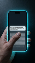 Hand holding a phone with a glowing blue outline on a dark background