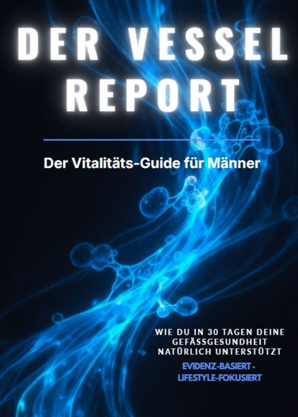 Book cover of 'Das Vessel Report' with blue abstract design on a dark background