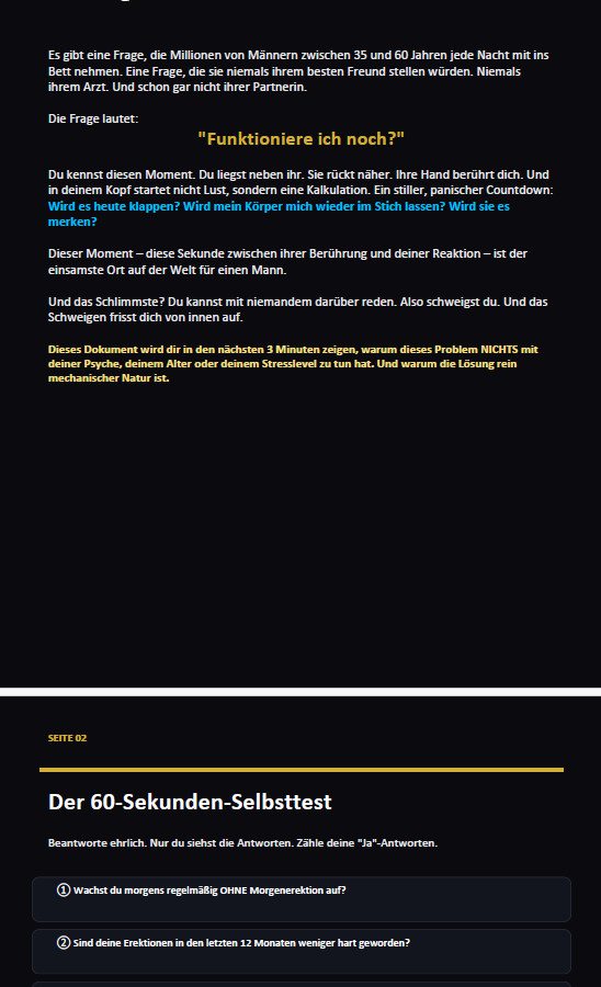 Text-based interface with a question about self-evaluation and a 60-second self-test on a black background.Royal Bonus – Detailansicht