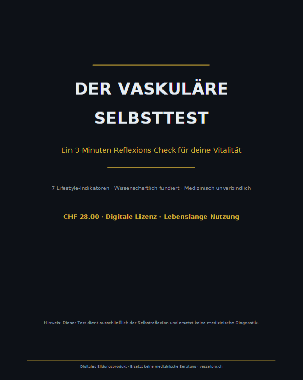 Cover des Vaskulären Selbsttests – 3-Minuten-Reflexions-Check für Gefäßgesundheit und Vitalität. 7 Lifestyle-Indikatoren, wissenschaftlich fundiert, medizinisch unverbindlich.