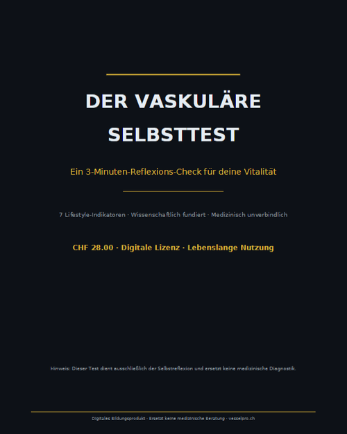 Cover des Vaskulären Selbsttests – 3-Minuten-Reflexions-Check für Gefäßgesundheit und Vitalität. 7 Lifestyle-Indikatoren, wissenschaftlich fundiert, medizinisch unverbindlich.